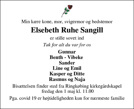Dødsannoncen for Elsebeth Ruhe Sangill - Ringkøbing