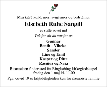 Dødsannoncen for Elsebeth Ruhe Sangill - Ringkøbing