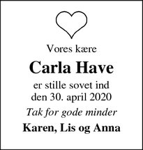 Dødsannoncen for Carla Have - Ringkjøbing