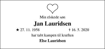 Dødsannoncen for Jan Lauridsen - Odense