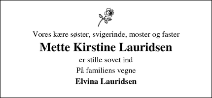 Dødsannoncen for Mette Kirstine Lauridsen - Skive