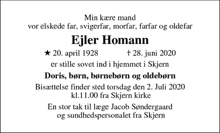 Dødsannoncen for Ejler Homann - Skjern