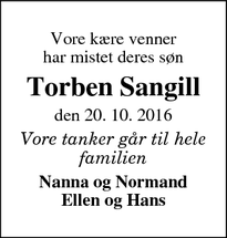 Dødsannoncen for Torben Sangill - Ringkøbing