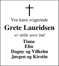 Dødsannoncen for Grete Lauridsen - Ringkøbing