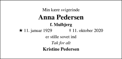 Dødsannoncen for Anna Pedersen - Skjern