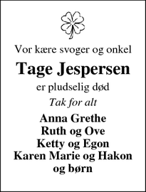 Dødsannoncen for Tage Jespersen - Herborg