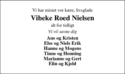 Dødsannoncen for Vibeke Roed Nielsen - Vedersø