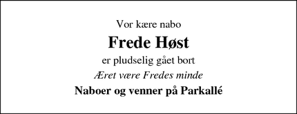 Dødsannoncen for Frede Høst - Tarm