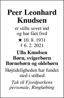 Dødsannoncen for Peer Leonhard
Knudsen  - Ringkøbing