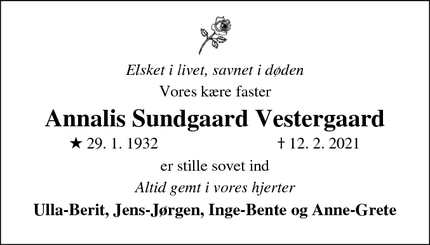Dødsannoncen for Annalis Sundgaard Vestergaard - Skjern