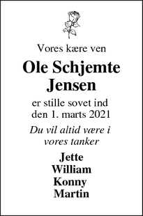 Dødsannoncen for Ole Schjemte Jensen - Skjern