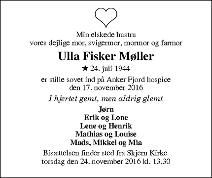 Dødsannoncen for Ulla Fisker Møller - Skjern