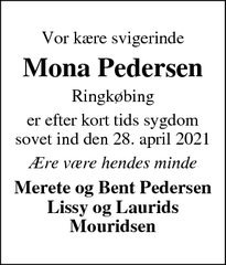 Dødsannoncen for Mona Pedersen - Ringkøbing