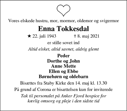 Dødsannoncen for  Enna Tokkesdal - Ulfborg