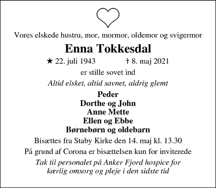Dødsannoncen for Enna Tokkesdal - Ulfborg