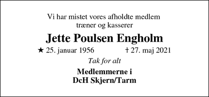 Dødsannoncen for Jette Poulsen Engholm - Dejbjerg, 6900 Skjern