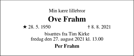Dødsannoncen for Ove Frahm - Tim