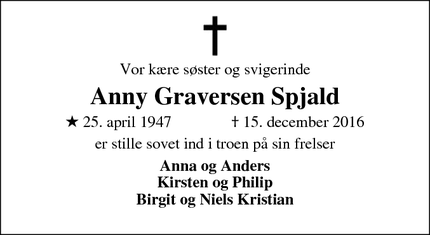 Dødsannoncen for Anny Graversen Spjald - Spjald