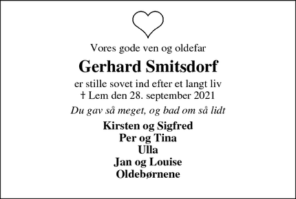 Dødsannoncen for Gerhard Smitsdorf - Lem St 