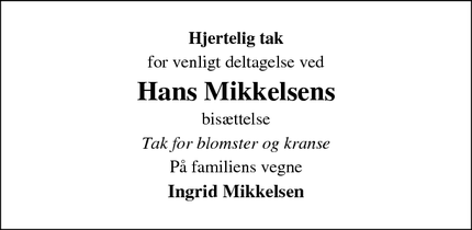 Taksigelsen for Hans Mikkelsens - Ølstrup