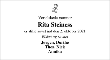 Dødsannoncen for Rita Steiness - Hvide Sande