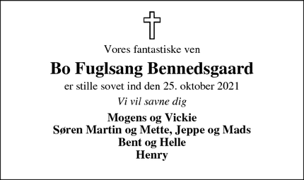 Dødsannoncen for Bo Fuglsang Bennedsgaard - Mejrup