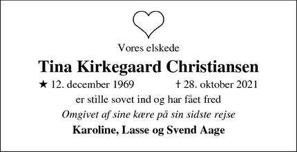 Dødsannoncen for Tina Kirkegaard Christiansen - Skjern