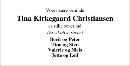 Dødsannoncen for Tina Kirkegaard Christiansen - Skjern