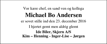 Dødsannoncen for Michael Bo Andersen - Skjern