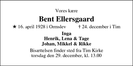 Dødsannoncen for Bent Ellersgaard - Tim