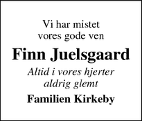 Dødsannoncen for Finn Juelsgaard - Ringkøbing