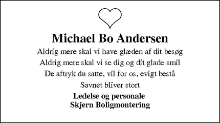 Dødsannoncen for Michael Bo Andersen - Skjern