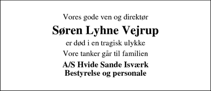 Dødsannoncen for Søren Lyhne Vejrup - Hvide Sande