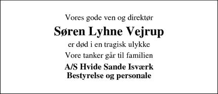 Dødsannoncen for Søren Lyhne Vejrup - Hvide Sande