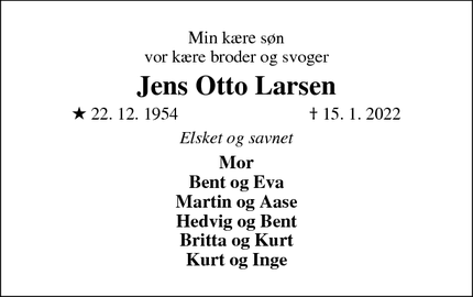Dødsannoncen for Jens Otto Larsen - Hadsten