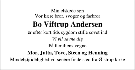Dødsannoncen for Bo Viftrup Andersen - Tarm