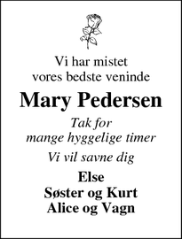 Dødsannoncen for Mary Pedersen - Hvide Sande