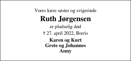 Dødsannoncen for Ruth Jørgensen - Borris