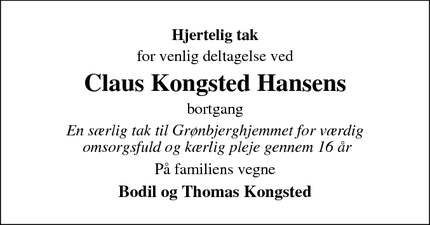 Taksigelsen for Claus Kongsted Hansens - Grønbjerg