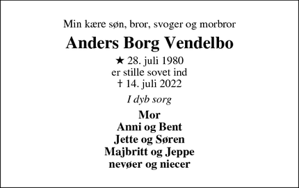 Dødsannoncen for Anders Borg Vendelbo - Skjern