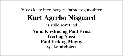 Dødsannoncen for Kurt Agerbo Nisgaard - Skjern