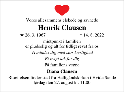Dødsannoncen for Henrik Clausen - Hvide Sande