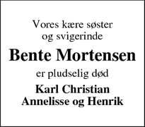 Dødsannoncen for Bente Mortensen - Ringkøbing