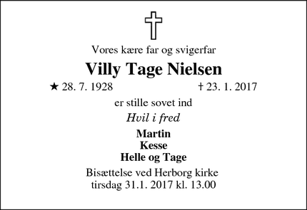 Dødsannoncen for Villy Tage Nielsen - Trøstrup/ Videbæk 