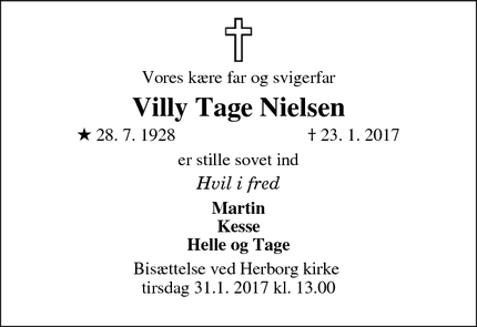 Dødsannoncen for Villy Tage Nielsen - Trøstrup/ Videbæk 