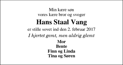 Dødsannoncen for Hans Staal Vang - Ringkøbing