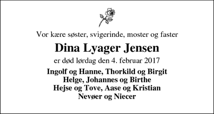 Dødsannoncen for Dina Lyager Jensen - Skjern