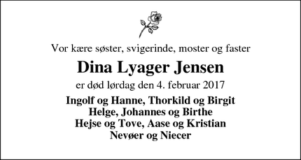 Dødsannoncen for Dina Lyager Jensen - Skjern
