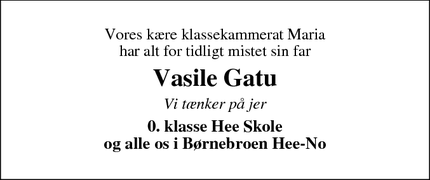 Dødsannoncen for Vasile Gatu - Hee