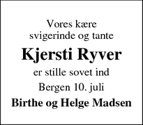 Dødsannoncen for Kjersti Ryver - Bergen Norge